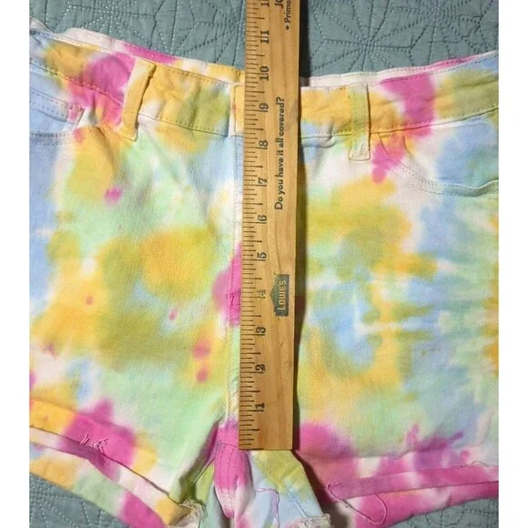 Judy Blue Women's Pastel Tie Dye Shorts Sz Large Raw Edge Mid-rise Stretch Denim - Picture 7 of 8